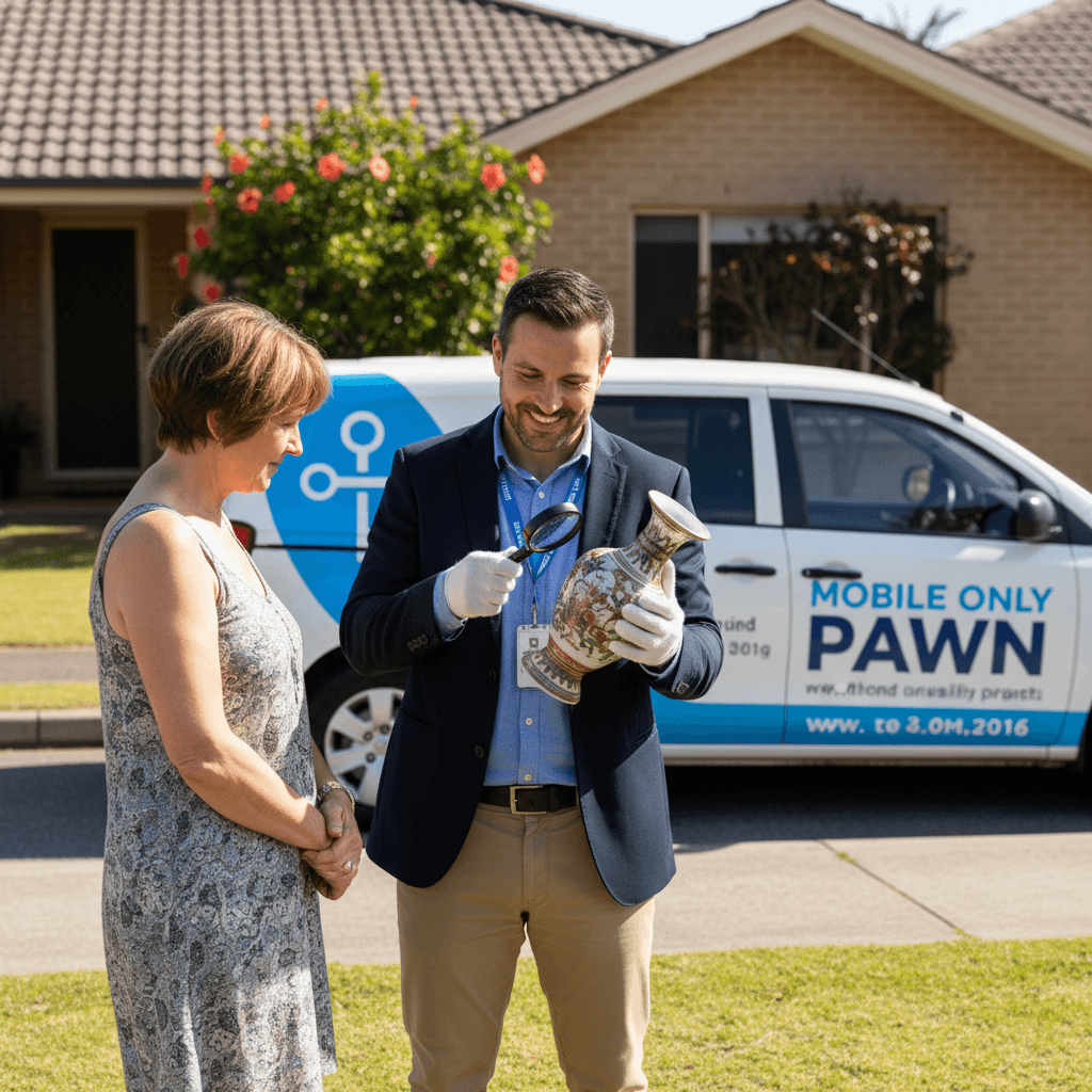 Mobile pawn specialist evaluating an antique vase with a customer outside a home in Perth.
