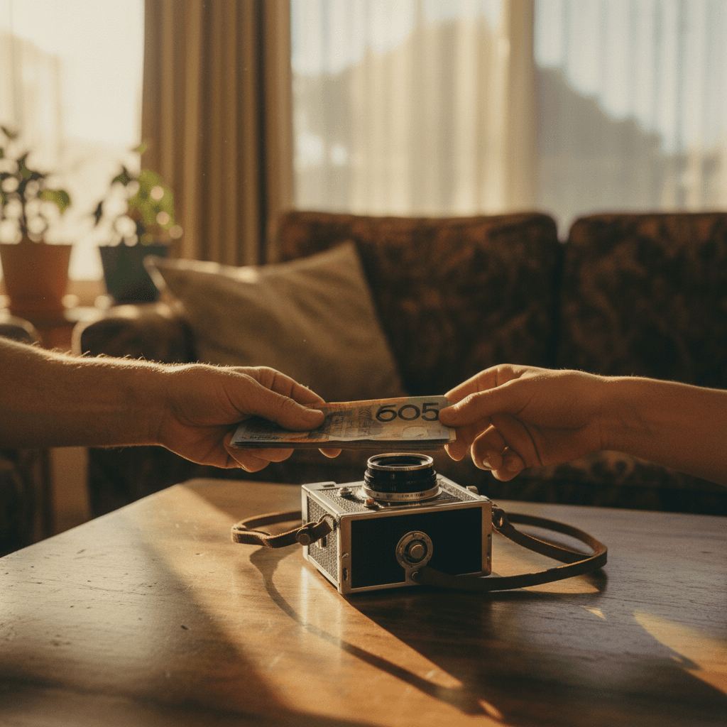 Hands exchanging cash for household item during pawn transaction