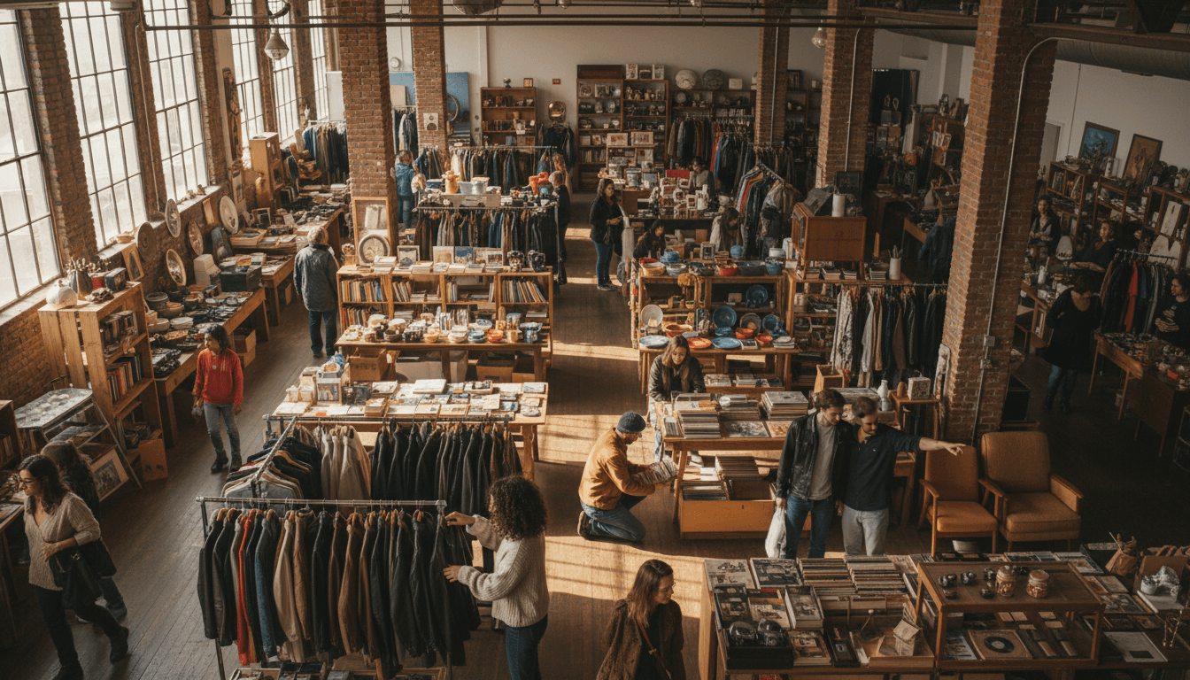 Diverse shoppers browsing eclectic vintage items at wooden vendor booths in warm, naturally lit second-hand marketplace