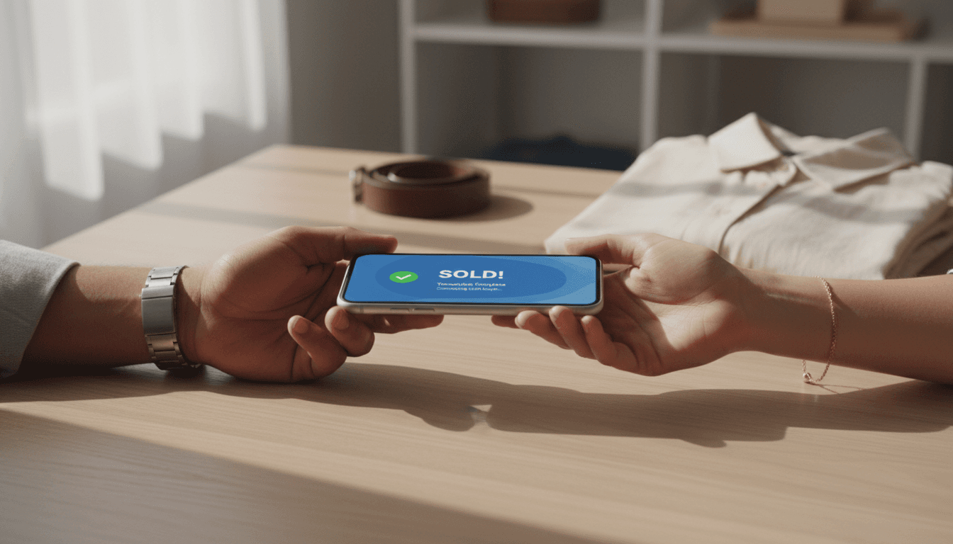 Two people's hands exchanging a smartphone across a wooden table in natural daylight, representing peer-to-peer marketplace transaction