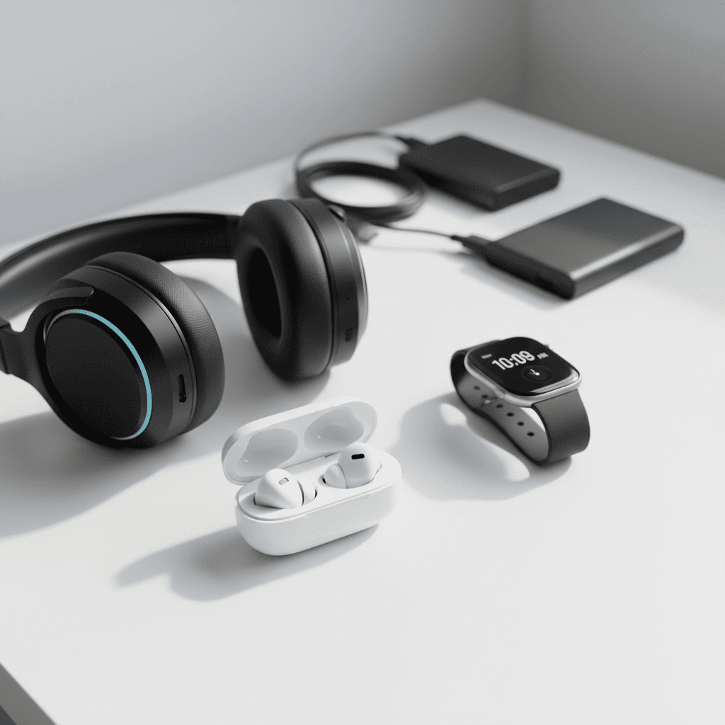 Curated selection of wireless earbuds, smartwatch, and gaming headset arranged on white surface with natural lighting